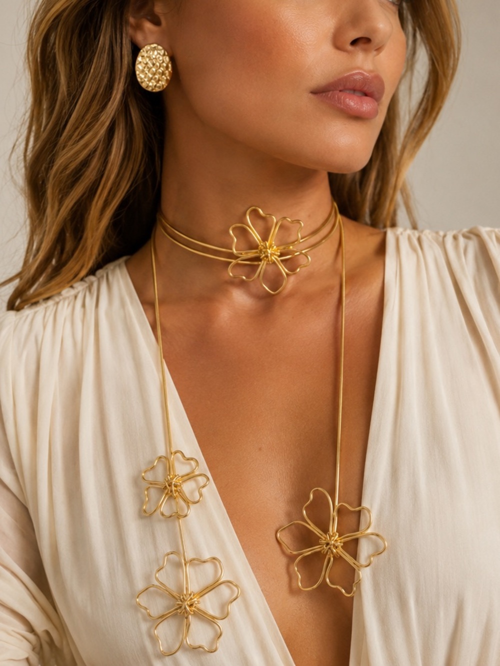 Gold Floral Statement Choker Necklace Set | Boho Wire Flower Layered Necklace